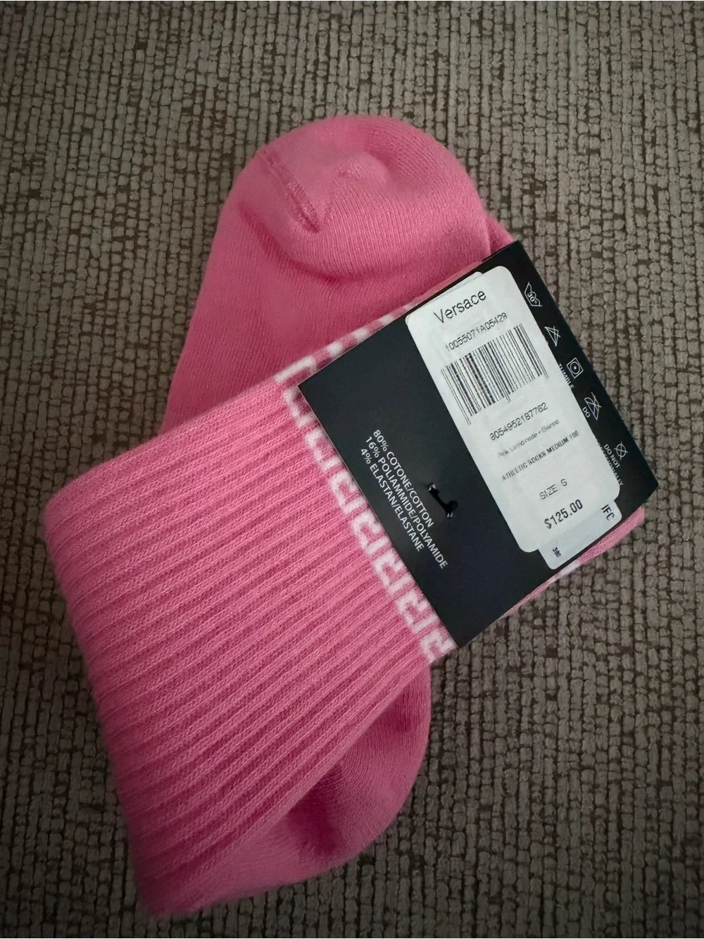 Versace Pink Crew Socks with White Greek Key Trim